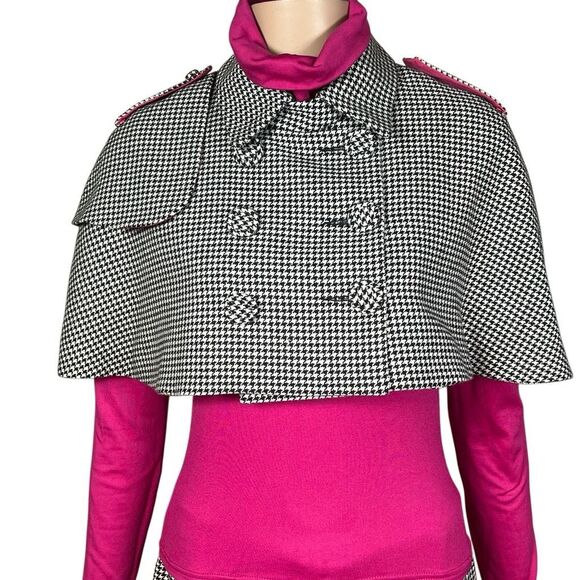 Vintage J Jodi Houndstooth Wool Cape Jacket and Skirt Set with Fuchsia Mock Neck - Picture 2 of 16